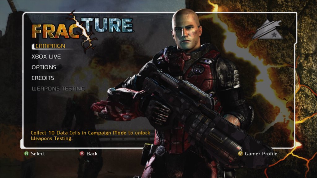 Xbox 360 title screen for Fracture