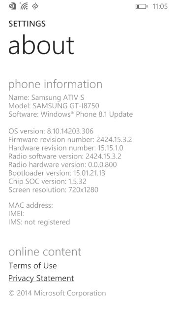 Information for the Samsung ATIV S